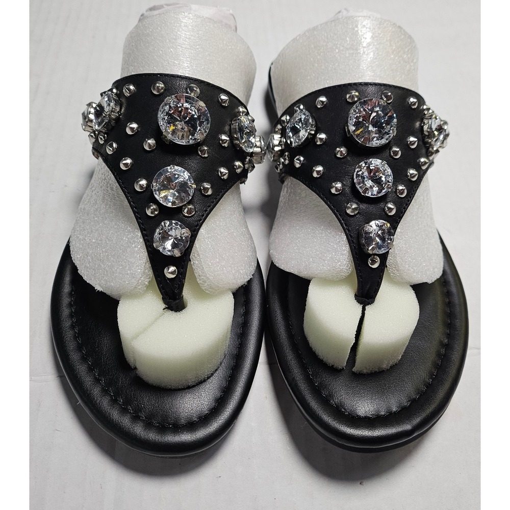 Marc Fisher Womens Black Crystal Studded Thong Sandals Flat Slide Shoes 5.5M